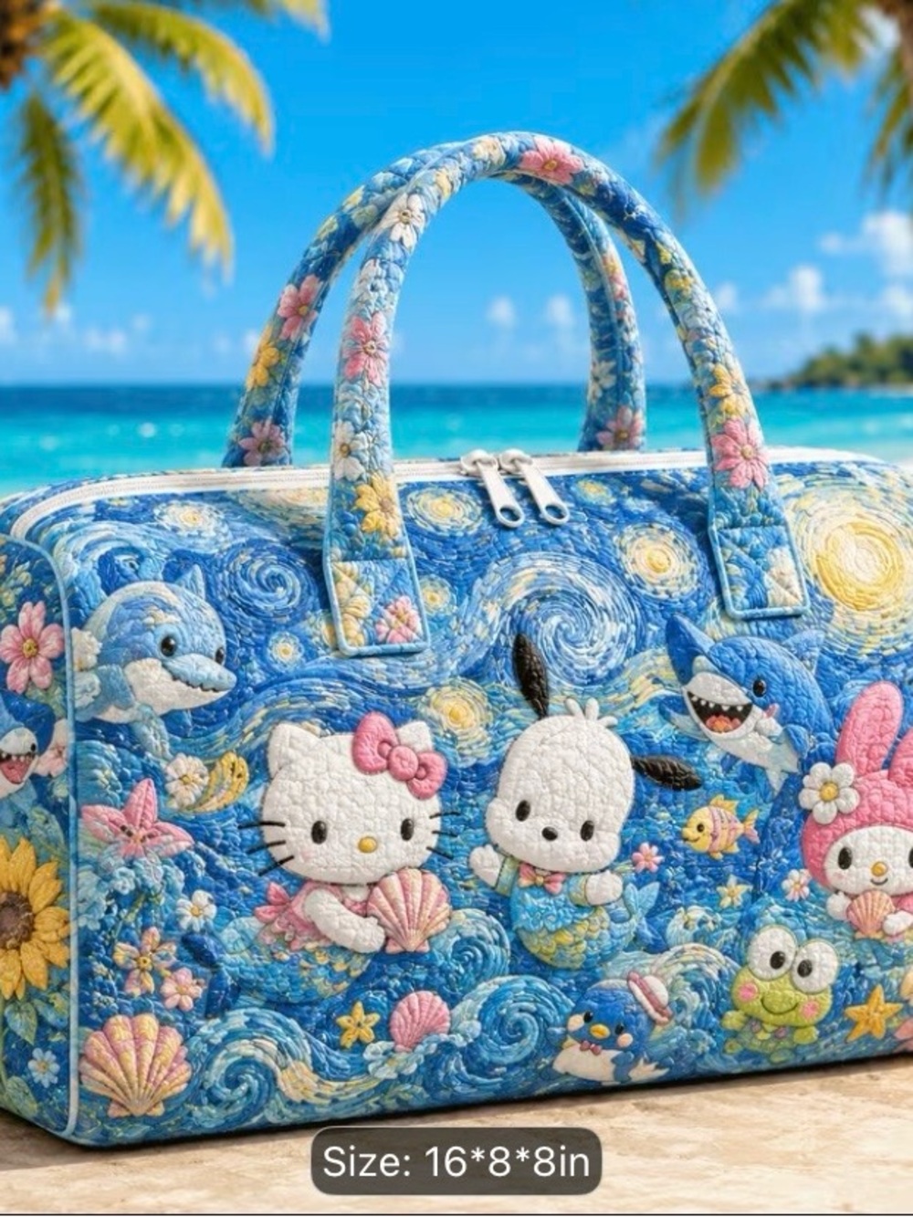 Sanrio Blue Quilted Tote Bag with Hello Kitty & Friends